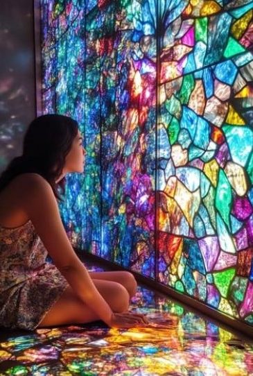 AI generated image of a lady gazing into the colours of a stained glass wall.